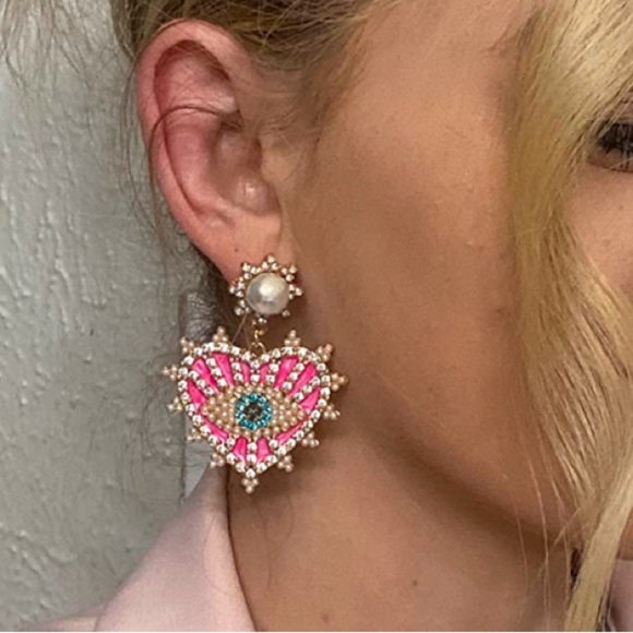 Evil Eye Heart Earrings with pearls and rhinestones pink gold … - Picture 3 of 4